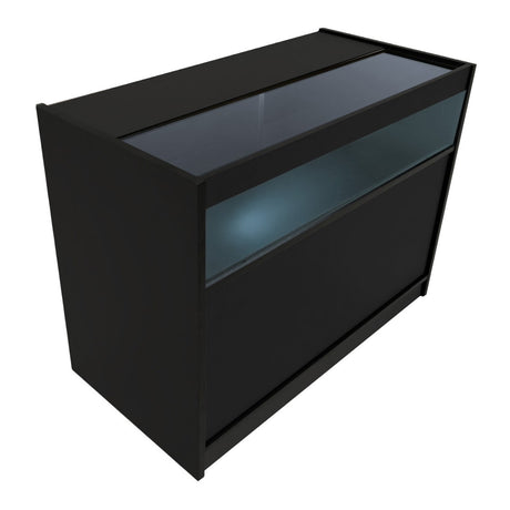 Schwarze LED-Ladentheke mit glatter Oberfläche, transparentem Glas oben und beleuchtetem Fach, ideal für moderne Verkaufsräume