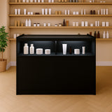 Schwarze LED-Ladentheke mit zwei offenen Fächern, elegant und modern, ideal für Verkaufsräume, um Produkte stilvoll zu präsentieren