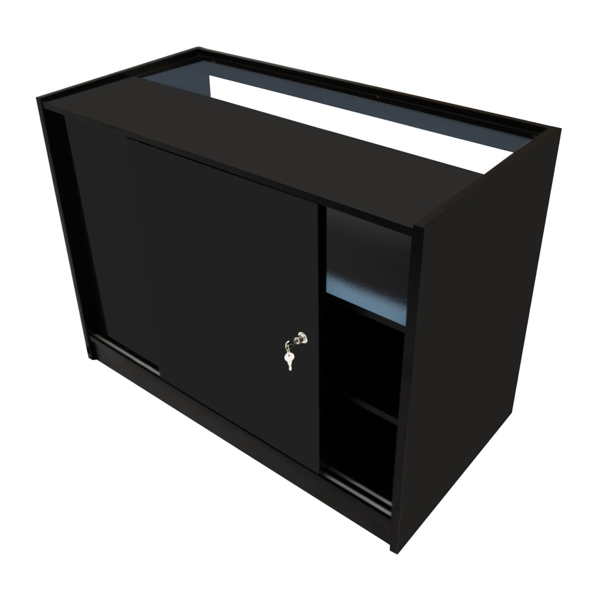 Schwarze LED-Ladentheke mit glatter Oberfläche, Schiebetür und einem offenen Fach für zusätzlichen Stauraum, ideal für Verkaufsräume