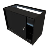 Schwarze LED-Ladentheke mit glatter Oberfläche, Schiebetür und einem offenen Fach für zusätzlichen Stauraum, ideal für Verkaufsräume