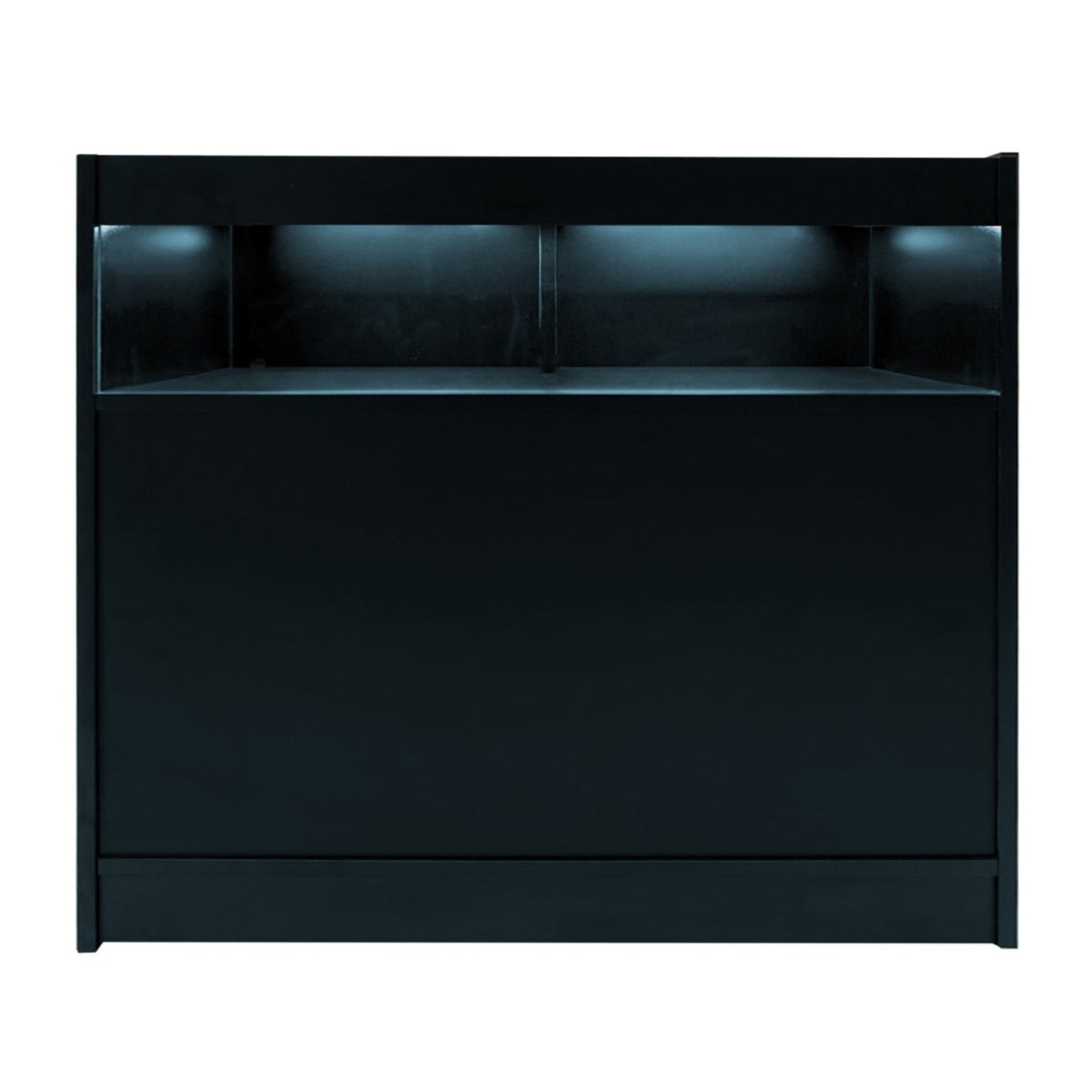 Schwarze LED-Ladentheke mit glatter Oberfläche, integrierter Beleuchtung und modernem Design, ideal für Verkaufsräume und Empfangsbereiche