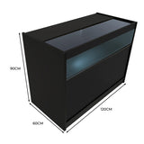 Schwarze LED-Ladentheke mit Glasoberfläche, 120 cm breit, 90 cm hoch und 60 cm tief, ideal für moderne Verkaufsräume und Ausstellungen