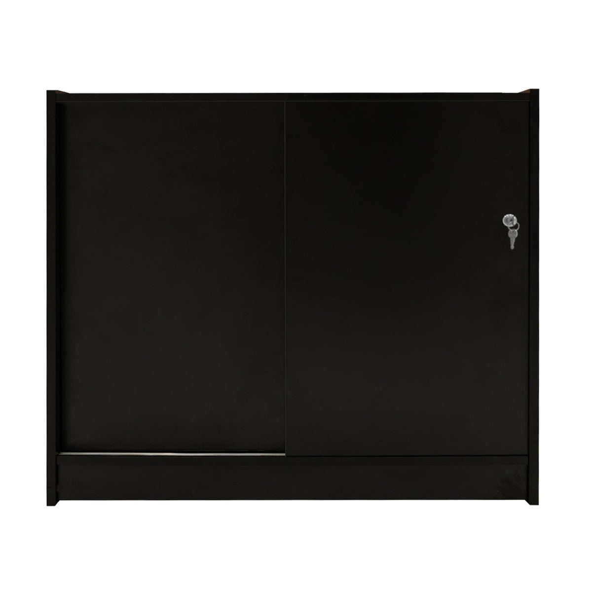 Schwarze LED-Ladentheke mit zwei Schiebetüren, modernem Design und glatter, mattschwarzer Oberfläche, ideal für Einzelhandelsgeschäfte