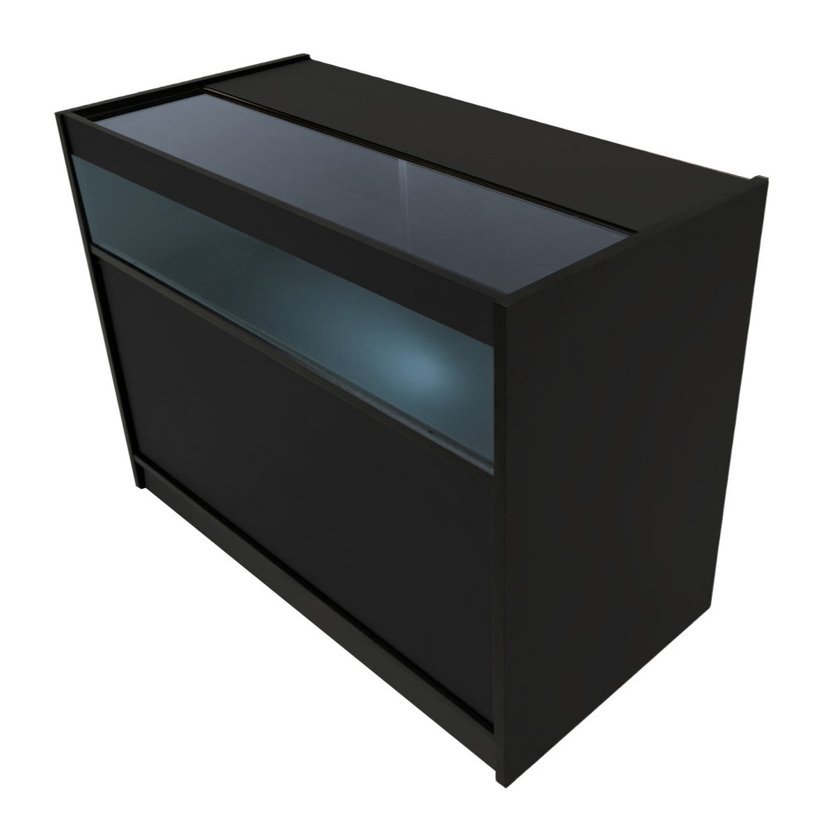 Schwarze LED-Ladentheke mit gläserner Oberseite, modernem Design und sanfter Beleuchtung, ideal für Verkaufsräume und Ausstellungen
