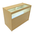 Moderne B1200 LED-Ladentheke aus hellem Ahornholz mit transparentem Glas, beleuchtet von innen, ideal für den Einzelhandel und Ausstellungen