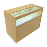 Moderne B1200 LED-Ladentheke aus hellem Ahornholz mit transparentem Glas, beleuchtet von innen, ideal für den Einzelhandel und Ausstellungen