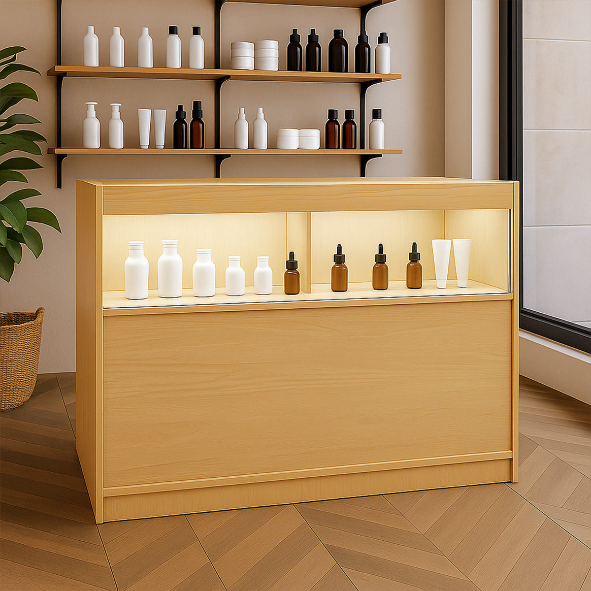 Moderne LED-Ladentheke aus hellem Ahornholz mit zwei beleuchteten Regalen, dekoriert mit eleganten Flaschen und Tiegeln in neutralen Farben