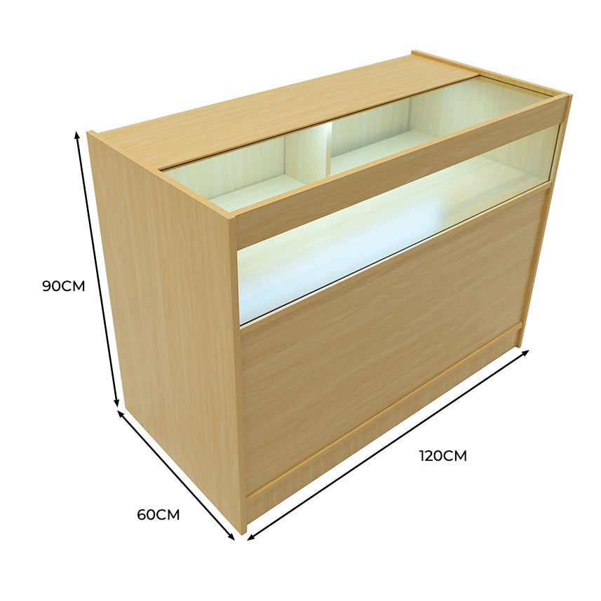 Moderne LED-Ladentheke aus hellem Ahornholz, mit klaren Linien, zwei beleuchteten Fächern und einer Höhe von 90 cm, Breite 120 cm und Tiefe 60 cm