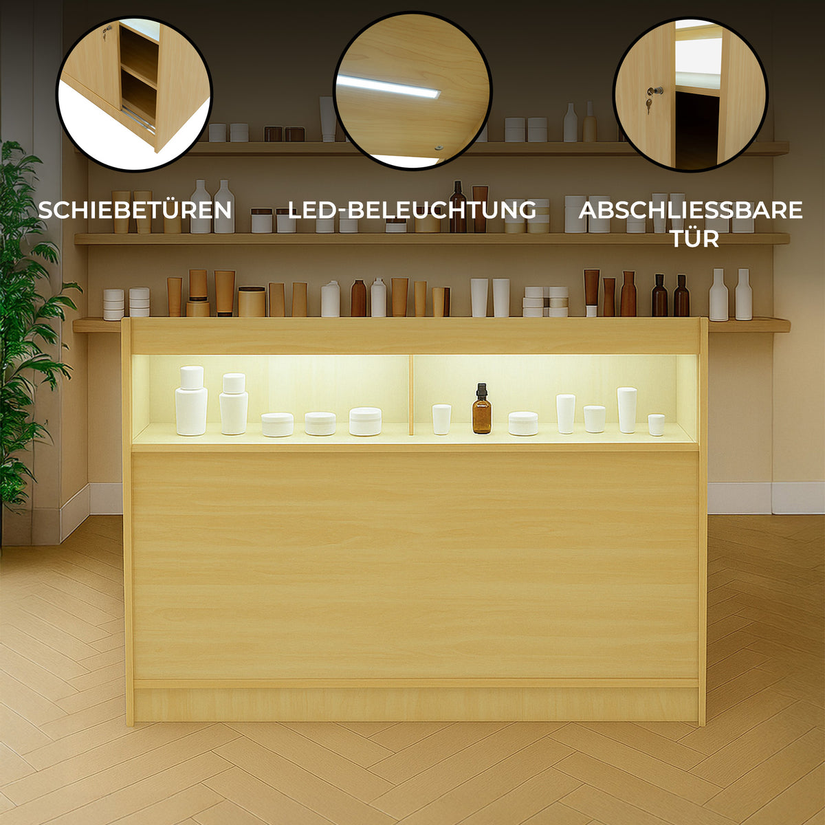 Moderne Ladentheke aus hellem Ahornholz mit LED-Beleuchtung, Schiebetüren und abschließbarer Tür, ideal für Verkaufsräume und Ausstellungen