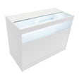 Moderne, weiße LED-Ladentheke mit Glasoberfläche, beleuchtet von innen, ideal für die Präsentation von Produkten in Geschäften
