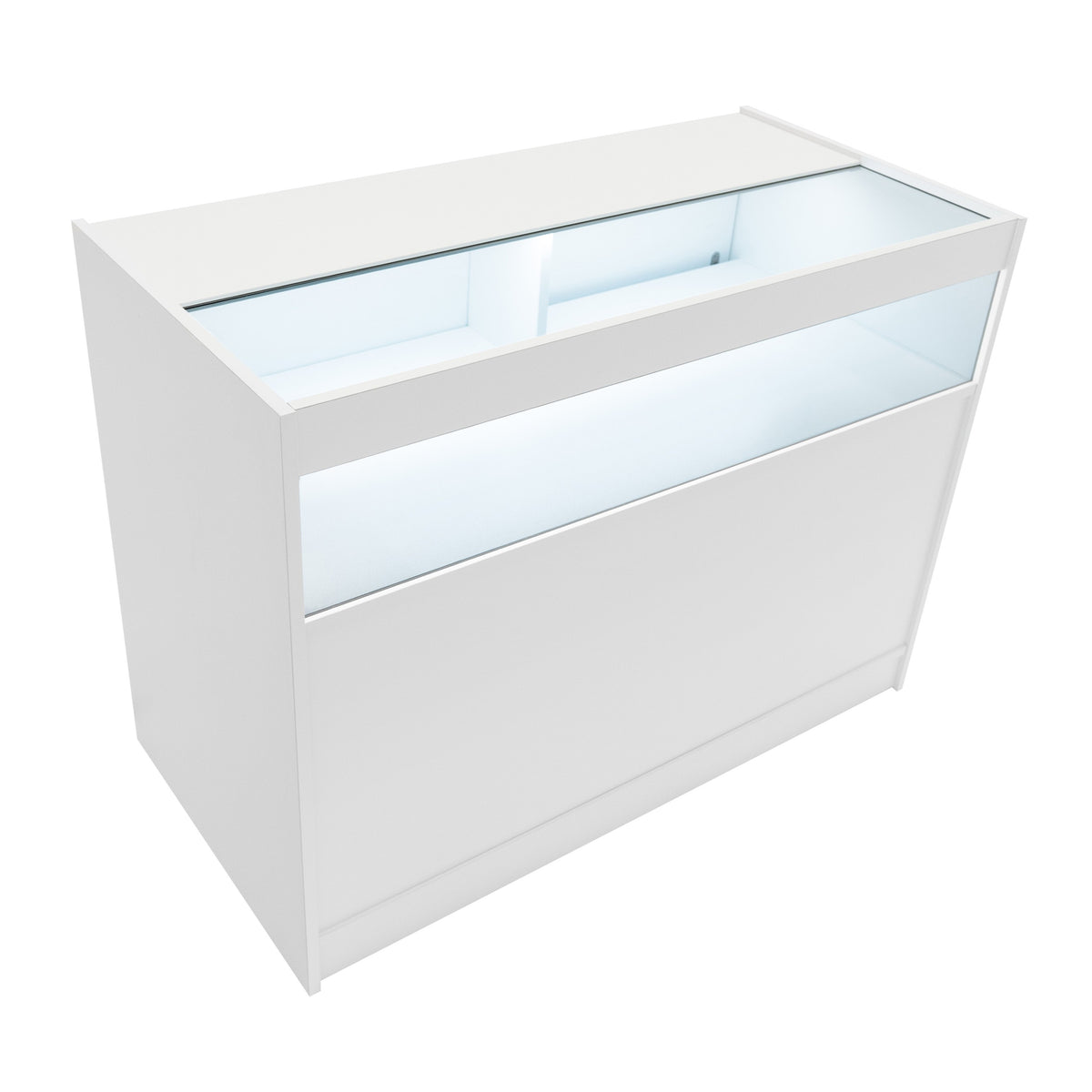 Moderne, weiße LED-Ladentheke mit Glasoberfläche, beleuchtet von innen, ideal für die Präsentation von Produkten in Geschäften