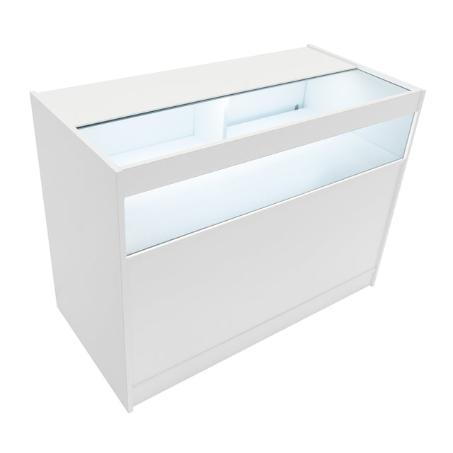 Moderne, weiße LED-Ladentheke mit Glasoberfläche, beleuchtet von innen, ideal für die Präsentation von Produkten in Geschäften