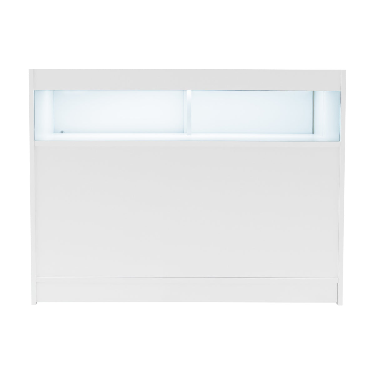 Moderne, weiße LED-Ladentheke mit glatter Oberfläche und beleuchtetem oberen Bereich, ideal für Einzelhandelsgeschäfte und Ausstellungen