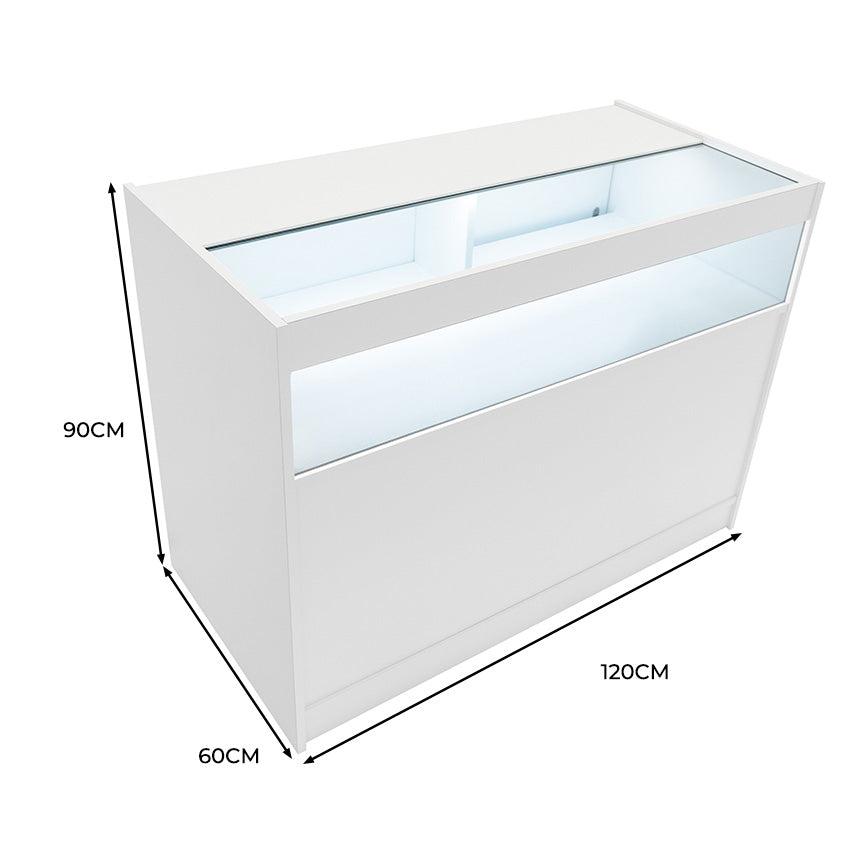 Moderne, weiße LED-Ladentheke mit klarer Glasoberfläche, Maße 120 cm Breite, 90 cm Höhe und 60 cm Tiefe, ideal für Verkaufsräume