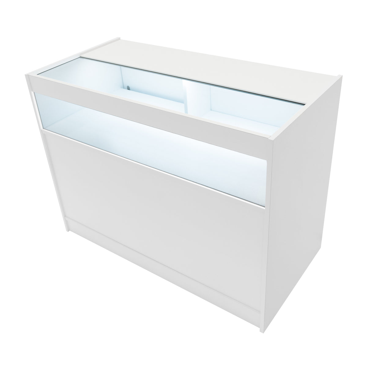 Moderne, weiße LED-Ladentheke mit glatter Oberfläche, beleuchtetem Innenraum und transparentem Glasfenster für optimale Produktpräsentation