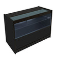 Schwarze LED-Ladentheke C1200 mit gläserner Oberseite, beleuchtetem Innenraum und modernem, minimalistischen Design, ideal für Verkaufsräume