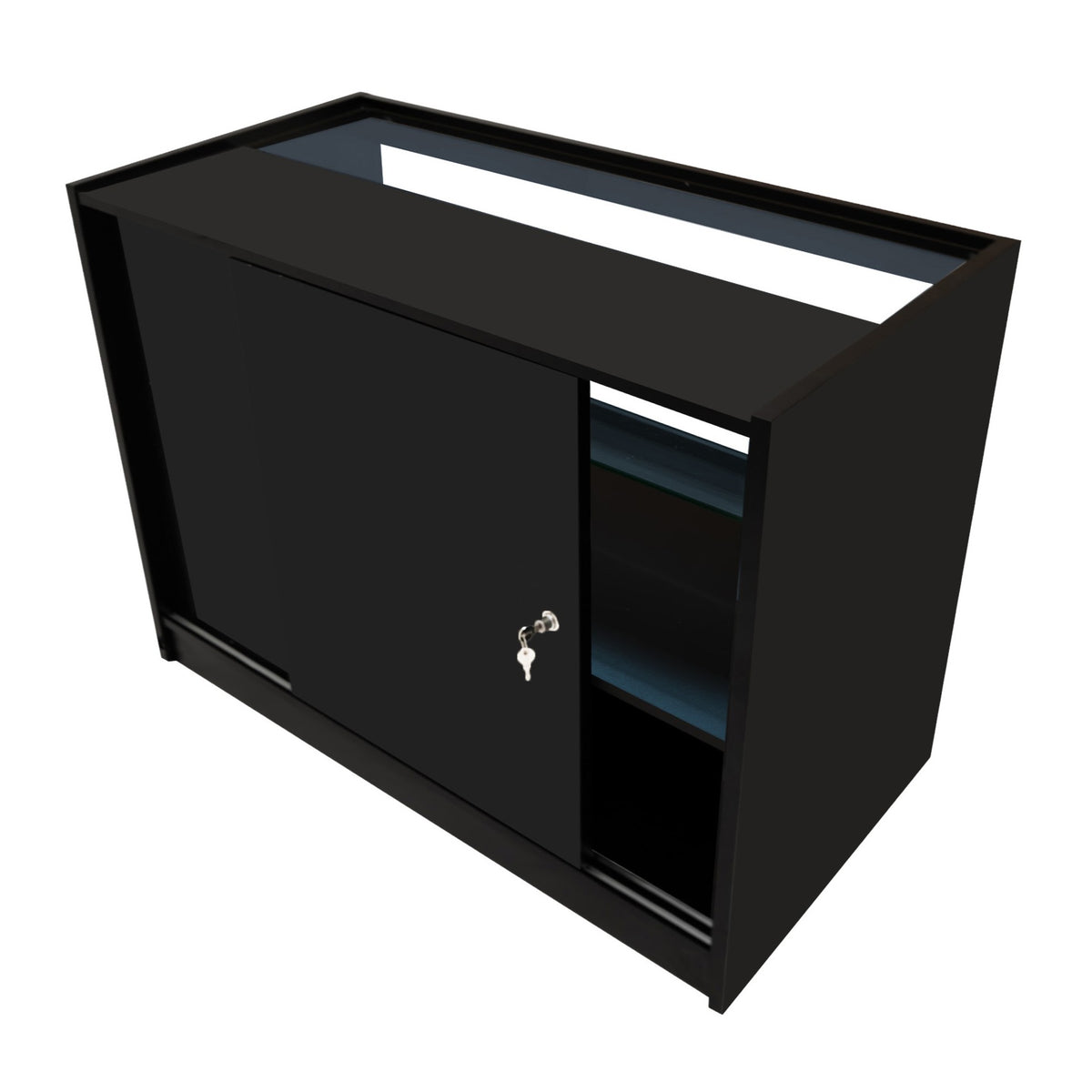 Schwarze LED-Ladentheke mit glatter Oberfläche, zwei Regalen und einer Schiebetür, ideal für moderne Verkaufsräume und Ausstellungen