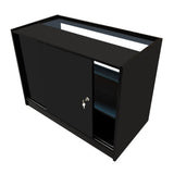 Schwarze LED-Ladentheke mit glatter Oberfläche, zwei Regalen und einer Schiebetür, ideal für moderne Verkaufsräume und Ausstellungen