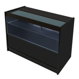 Schwarze LED-Ladentheke mit glatter Oberfläche, beleuchtetem Glasregal und modernem, minimalistischen Design für Verkaufsräume