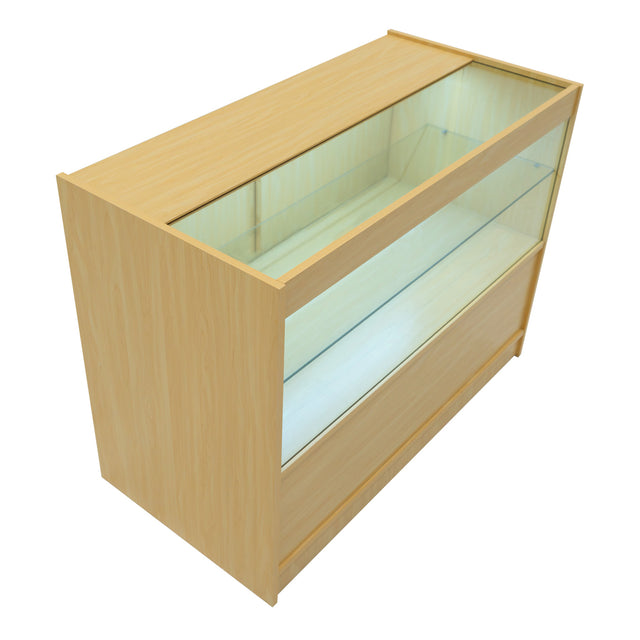 C1200 LED-Ladentheke aus hellem Ahornholz mit gläserner Vitrine, ideal für die Präsentation von Produkten in Geschäften