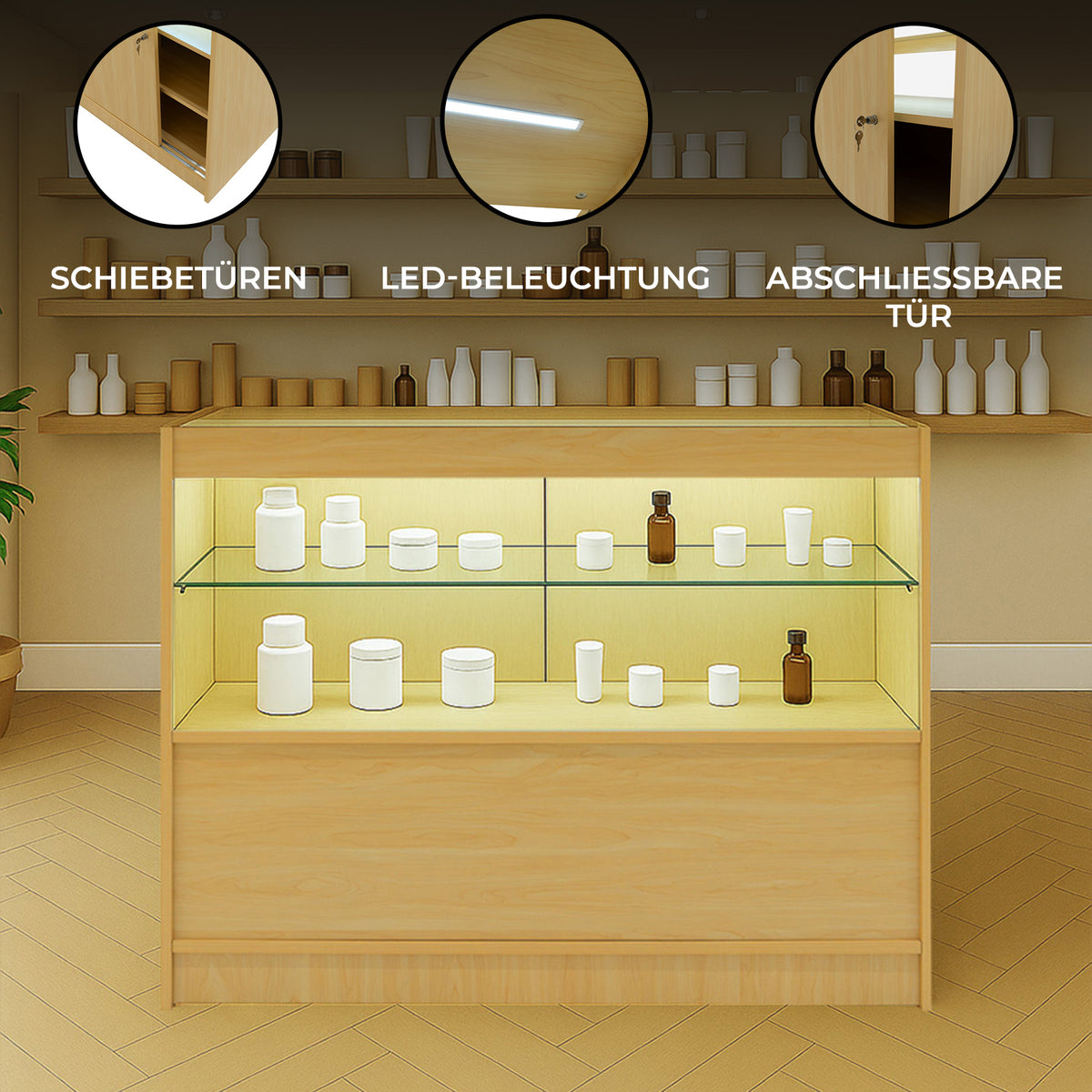 C1200 LED-Ladentheke aus hellem Ahornholz mit Glasregalen, LED-Beleuchtung und schließbarer Tür, ideal für moderne Verkaufsräume