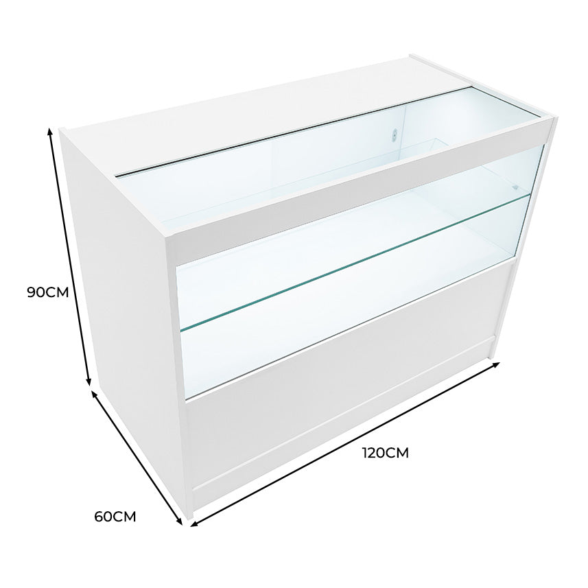 Moderne, weiße LED-Ladentheke mit Glasoberfläche, 120 cm breit, 90 cm hoch und 60 cm tief, ideal für die Präsentation von Produkten