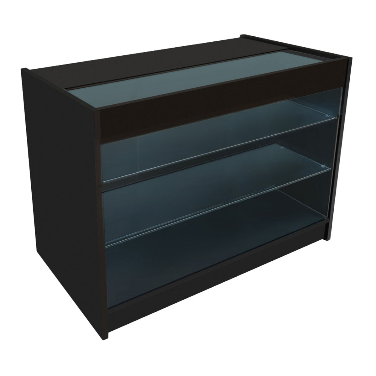 Schwarze K1200 LED-Ladentheke mit Glasoberfläche, drei transparenten Regalen und modernem, minimalistischen Design für den Einzelhandel