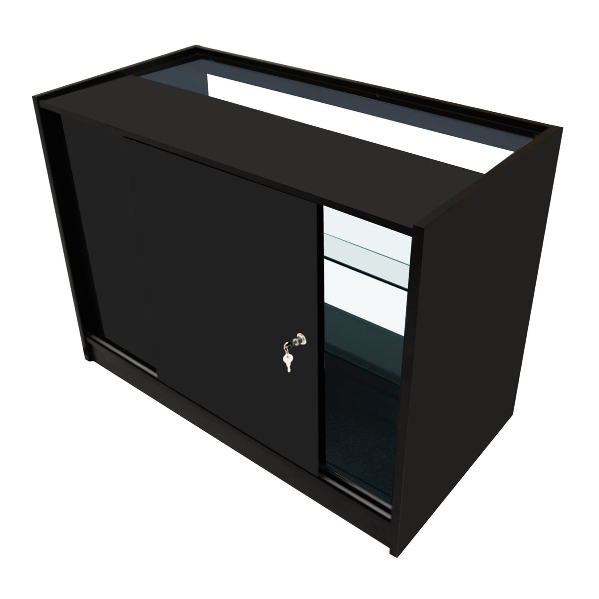 Schwarze K1200 LED-Ladentheke mit glatten Oberflächen, Schiebetür und beleuchtetem Innenraum, ideal für Verkaufsräume und Ausstellungen