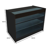 Schwarze K1200 LED-Ladentheke mit zwei Glasregalen, modernem Design und eleganter, glatter Oberfläche, ideal für den Einzelhandel