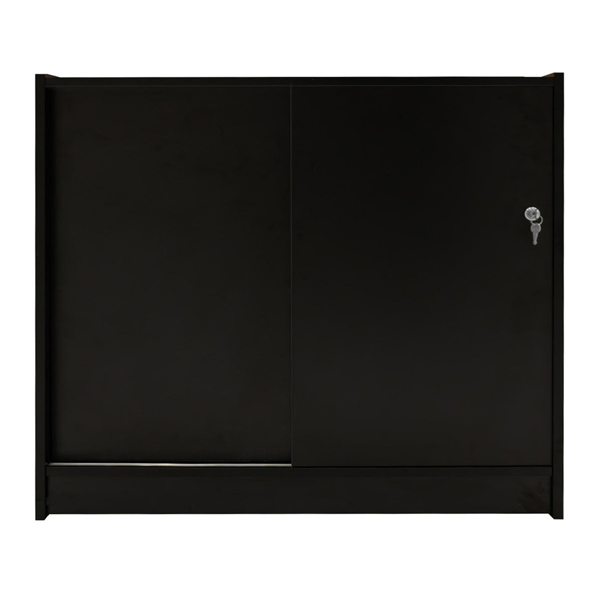 Schwarze K1200 LED-Ladentheke mit zwei Schiebetüren, glänzender Oberfläche und einem eleganten, modernen Design, ideal für Verkaufsräume