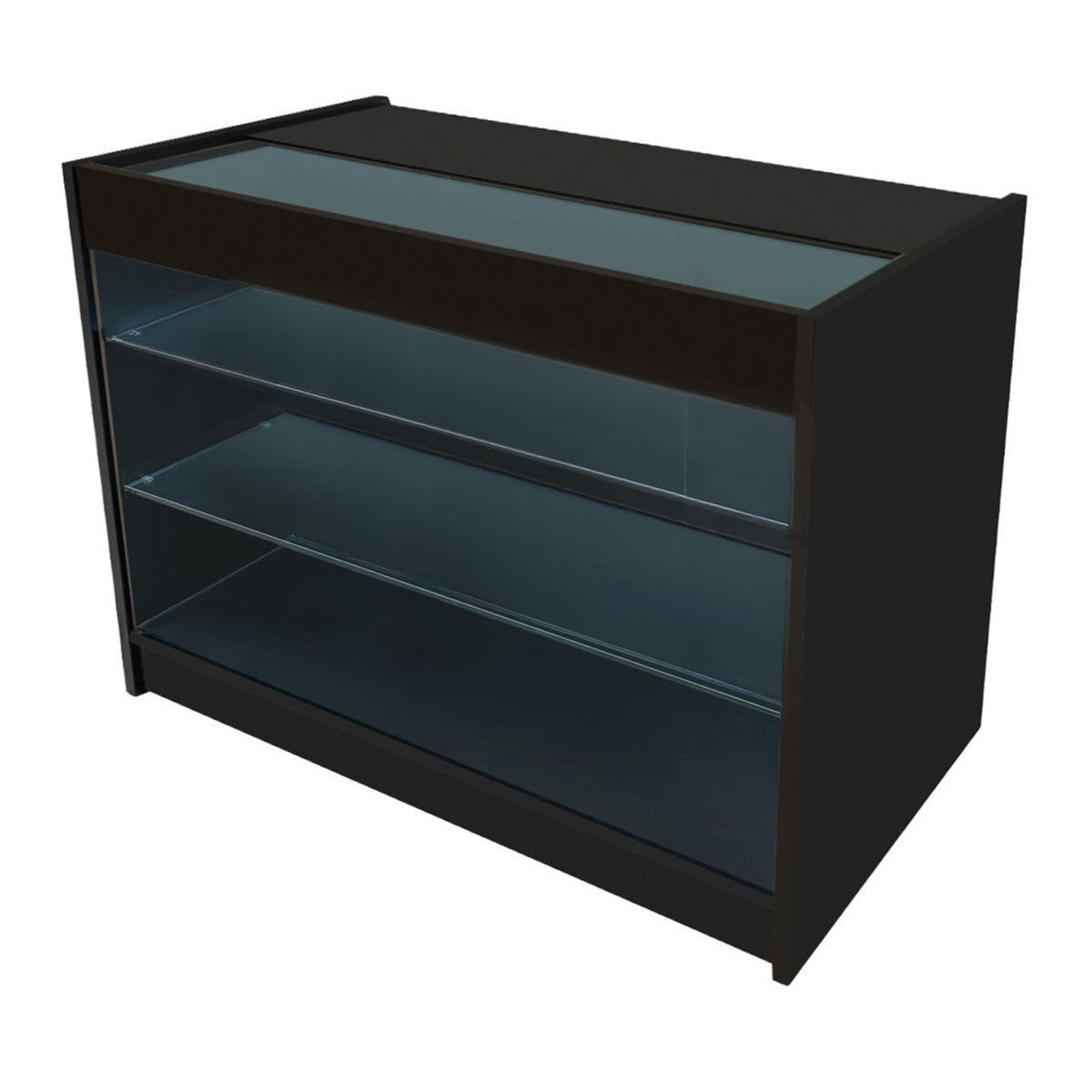 Schwarze LED-Ladentheke mit transparentem Glasoberteil, zwei offenen Regalen und modernem, minimalistischen Design für den Einzelhandel