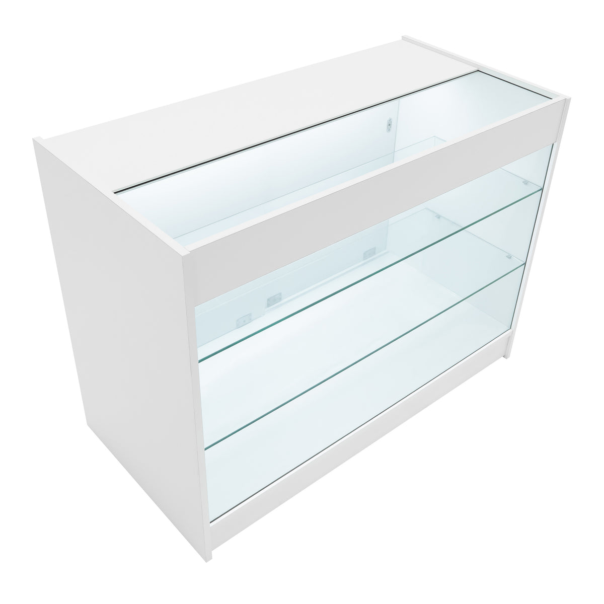 Moderne K1200 LED-Ladentheke in Weiß mit klaren Glasregalen, eleganter, minimalistischer Design und integrierter Beleuchtung für optimale Produktpräsentation