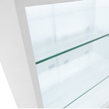 Weiße LED-Ladentheke mit transparenten Glasregalen, modernem Design und sanfter Beleuchtung, ideal für Verkaufsräume und Ausstellungen
