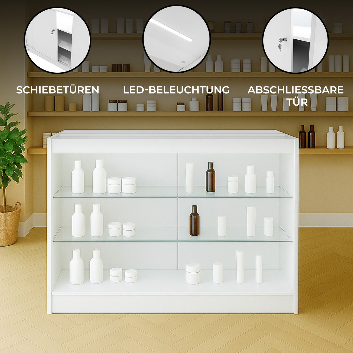 Weiße K1200 LED-Ladentheke mit Glasregalen, schlichten Linien, LED-Beleuchtung und abschließbarer Tür, ideal für den Einzelhandel