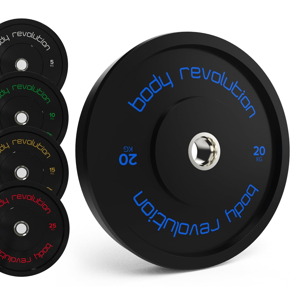 Schwarzes Bumper-Scheiben Set von Body Revolution mit verschiedenen Gewichten, klarer blauer Schrift und robustem, rutschfestem Material für sicheres Training
