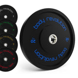 Schwarze Olympische Bumper-Platten von Body Revolution, 30 kg, mit blauer Schrift und robustem Gummi für optimalen Grip und Sicherheit beim Training