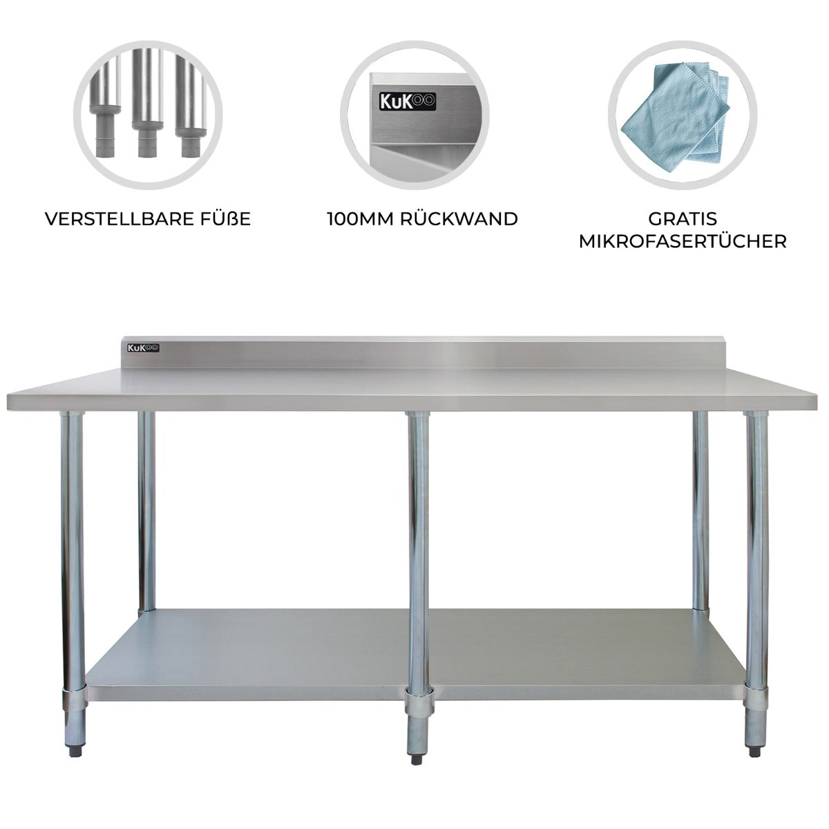 Gastronomie Arbeitstisch aus Edelstahl mit verstellbaren Füßen, 100mm Rückwand und unterer Ablagefläche, ideal für professionelle Küchen