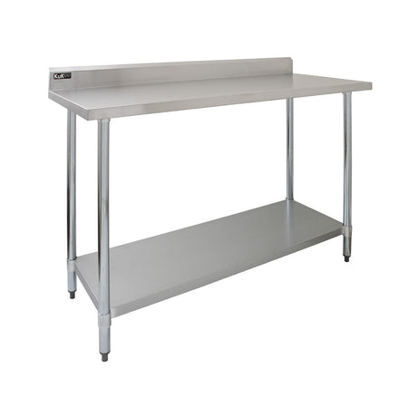 Gastronomie Arbeitstisch aus Edelstahl in silberner Farbe, 120 cm lang, mit glatter Oberfläche und stabilen, runden Beinen für optimale Hygiene und Funktionalität