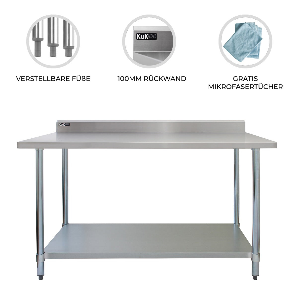 Gastronomie Arbeitstisch aus Edelstahl mit verstellbaren Füßen, 120 cm lang, 100 mm Rückwand und zusätzlichem Ablageboden, ideal für professionelle Küchen