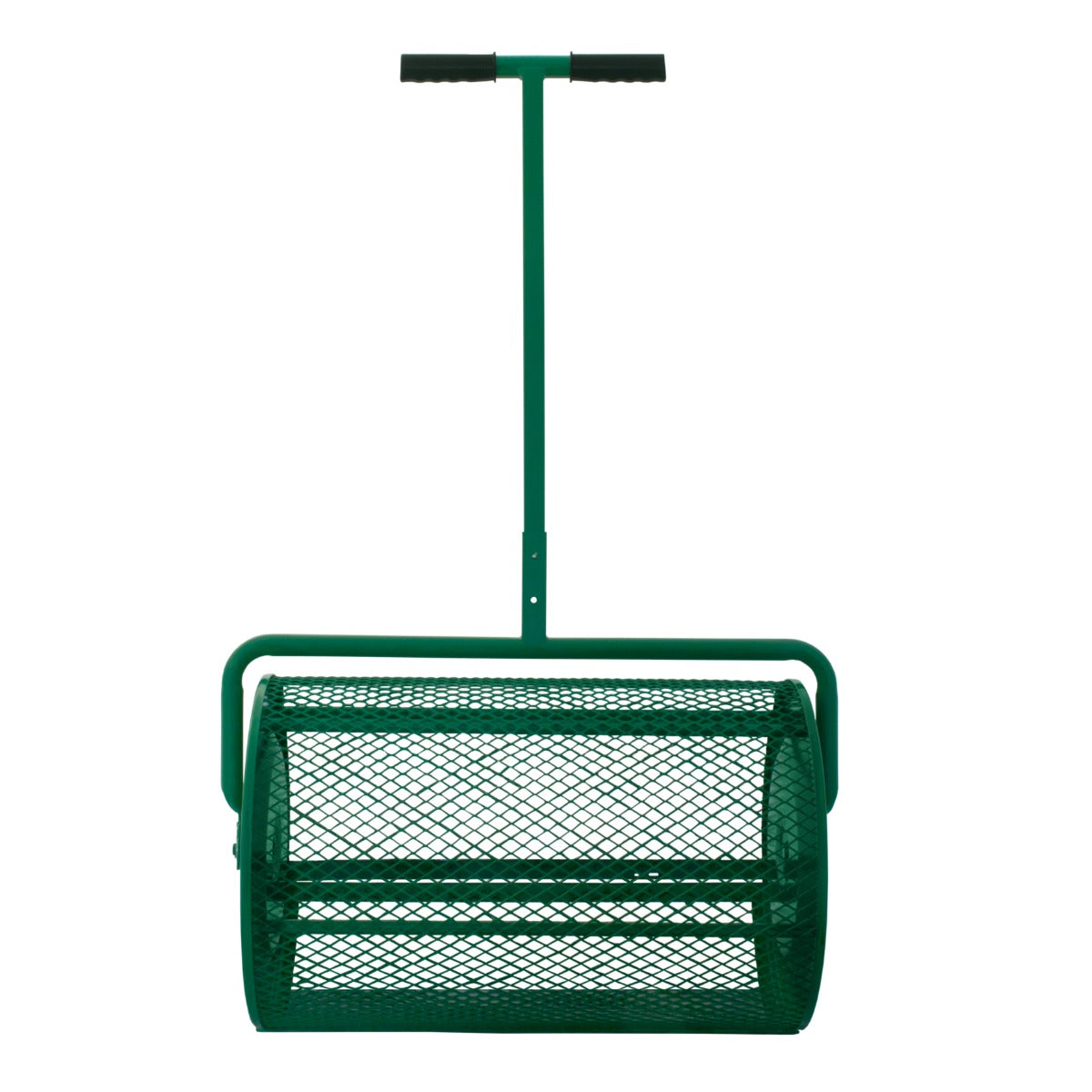 Grüner Garten Kompoststreuer aus robustem Metall mit einem großen, gitterförmigen Behälter und einem langen, ergonomischen Griff für einfaches Handling