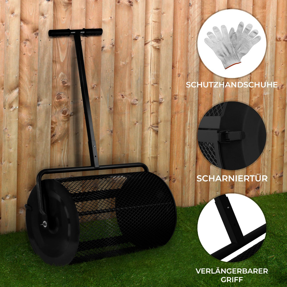 Schwarzer Garten Kompoststreuer mit einem stabilen, verlängerten Griff und einer Scharniertür, ideal für effizientes Kompostieren im Garten
