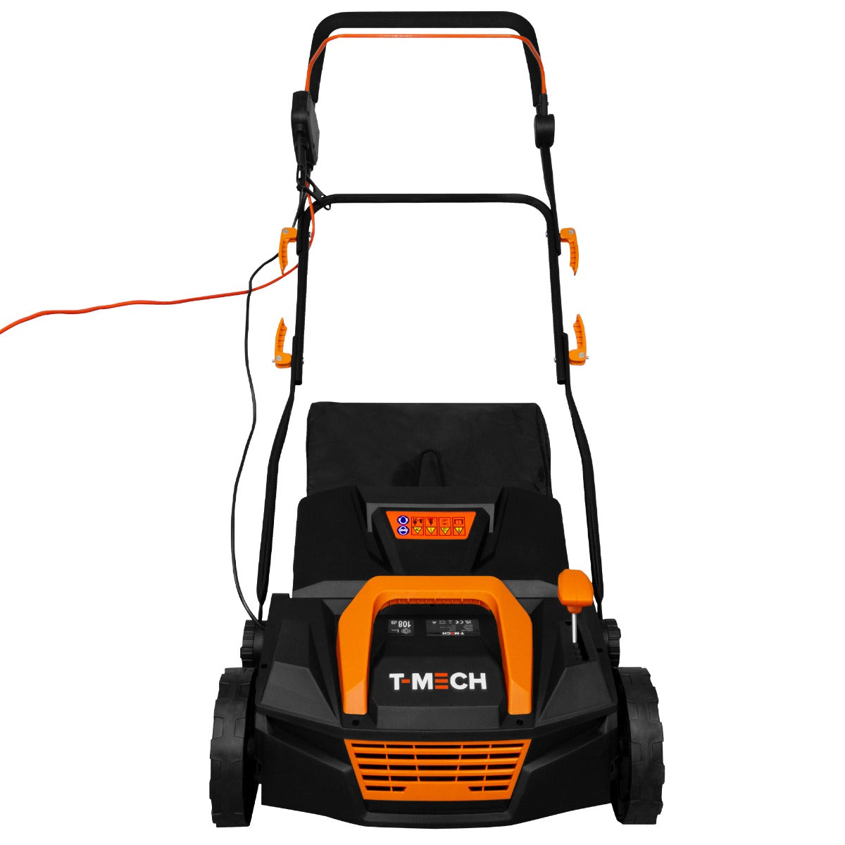 T-Mech Staubsauger für Kunstrasen in Schwarz und Orange, mit einem stabilen Gestell, großen Rädern und einem praktischen Kabelanschluss für einfache Nutzung
