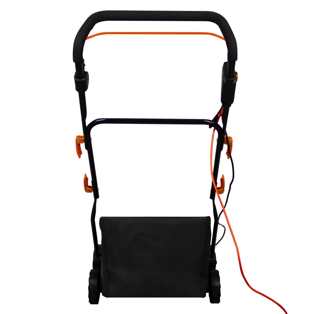 Schwarzer T-Mech Staubsauger für Kunstrasen mit orangefarbenen Griffen, klappbarem Design und Kabel, ideal für die Pflege von Kunstrasenflächen