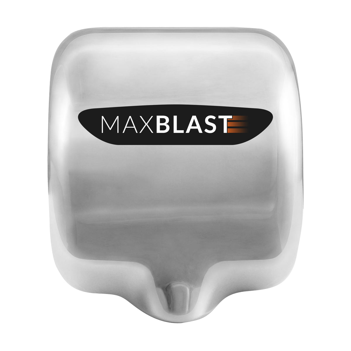 Automatischer Händetrockner in glänzendem Edelstahl mit HEPA-Filter, kompakte Form und modernes Maxblast-Logo in Schwarz und Orange
