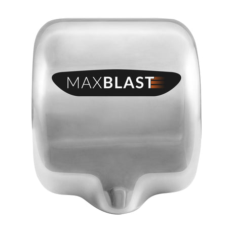 Automatischer Händetrockner in glänzendem Edelstahl mit HEPA-Filter, kompakte Form und modernes Maxblast-Logo in Schwarz und Orange