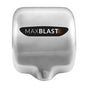 Automatischer Händetrockner in glänzendem Edelstahl mit HEPA-Filter, kompakte Form und modernes Maxblast-Logo in Schwarz und Orange