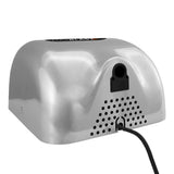 Automatischer Händetrockner in glänzendem Silber mit HEPA-Filter, abgerundeter Form und schwarzem Kabelanschluss auf der Rückseite