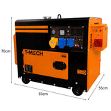 T-Mech Diesel Generator in Schwarz und Orange, kompakt, mit Bedienfeld, Rädern und geräuschloser Funktion, Maße 93x55x76 cm