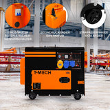 T-Mech Diesel Generator in leuchtendem Orange und Schwarz, ausgestattet mit einem 13PS Motor, automatischem Netzumschalter und robusten 10cm Rädern