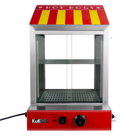 Der KuKoo Gastro Hot Dog Wärmer mit rotem Gehäuse und gelben Streifen hat eine transparente Glastür und ein perforiertes Edelstahlregal für die warme Präsentation von Hot Dogs